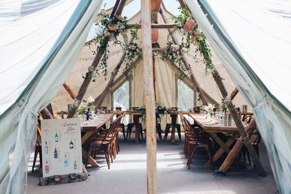 Rustic Tipi Seating Plan Table Chart Gin Bottles Industrial Metal Chairs Seating Wooden Tables Pole Flowers Ceridwen Centre Wedding Love Seen Photography