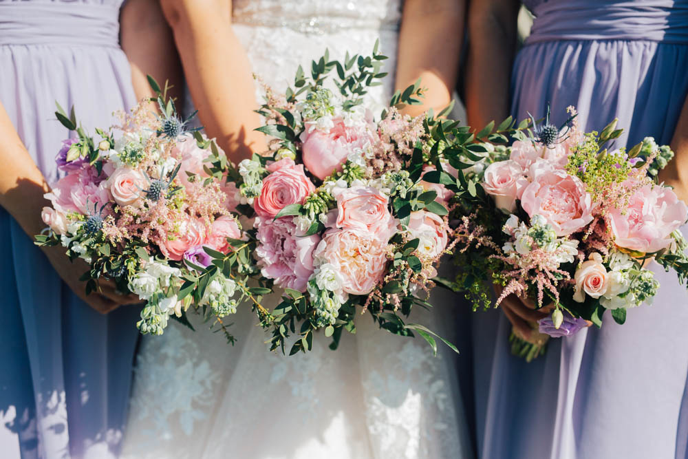 Bouquets Flowers Bride Bridal Bridesmaid Pink Peony Peonies Rose Thistle Greenery Foliage Ceridwen Centre Wedding Love Seen Photography