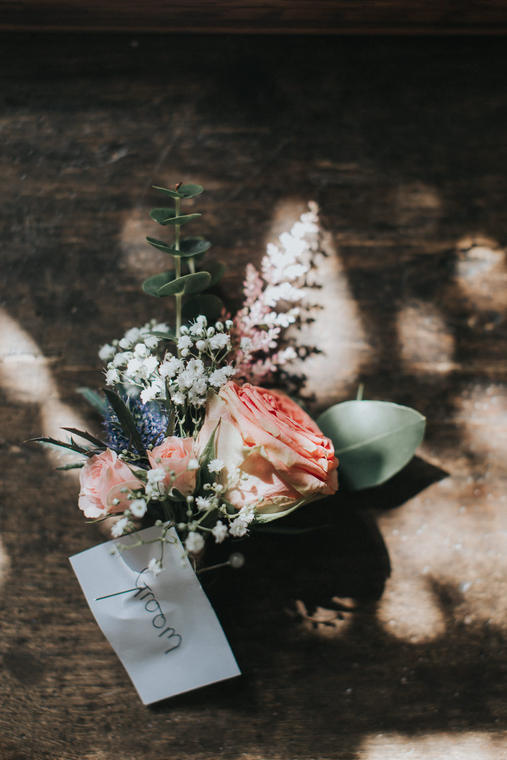 Buttonhole GRoom Rose Greenery Thistle Gypsophila Countryside Wedding Cotswolds Kate Waters Photography