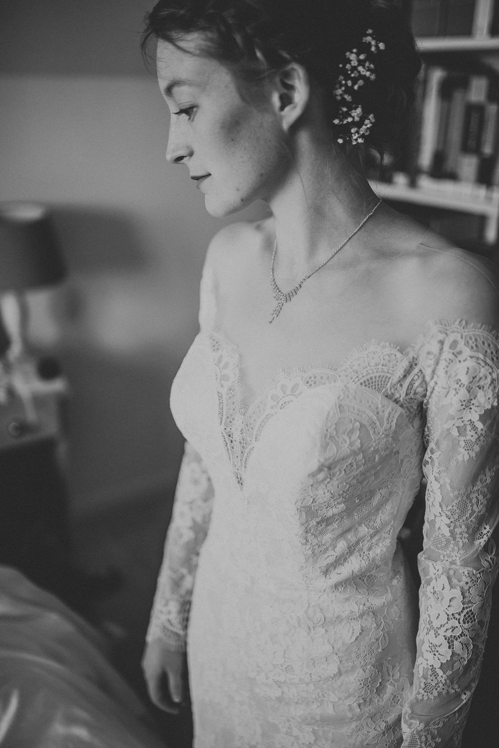 Lace Dress Gown Bride Bridal Sleeves Buttons Illusion Plunge Long Countryside Wedding Cotswolds Kate Waters Photography