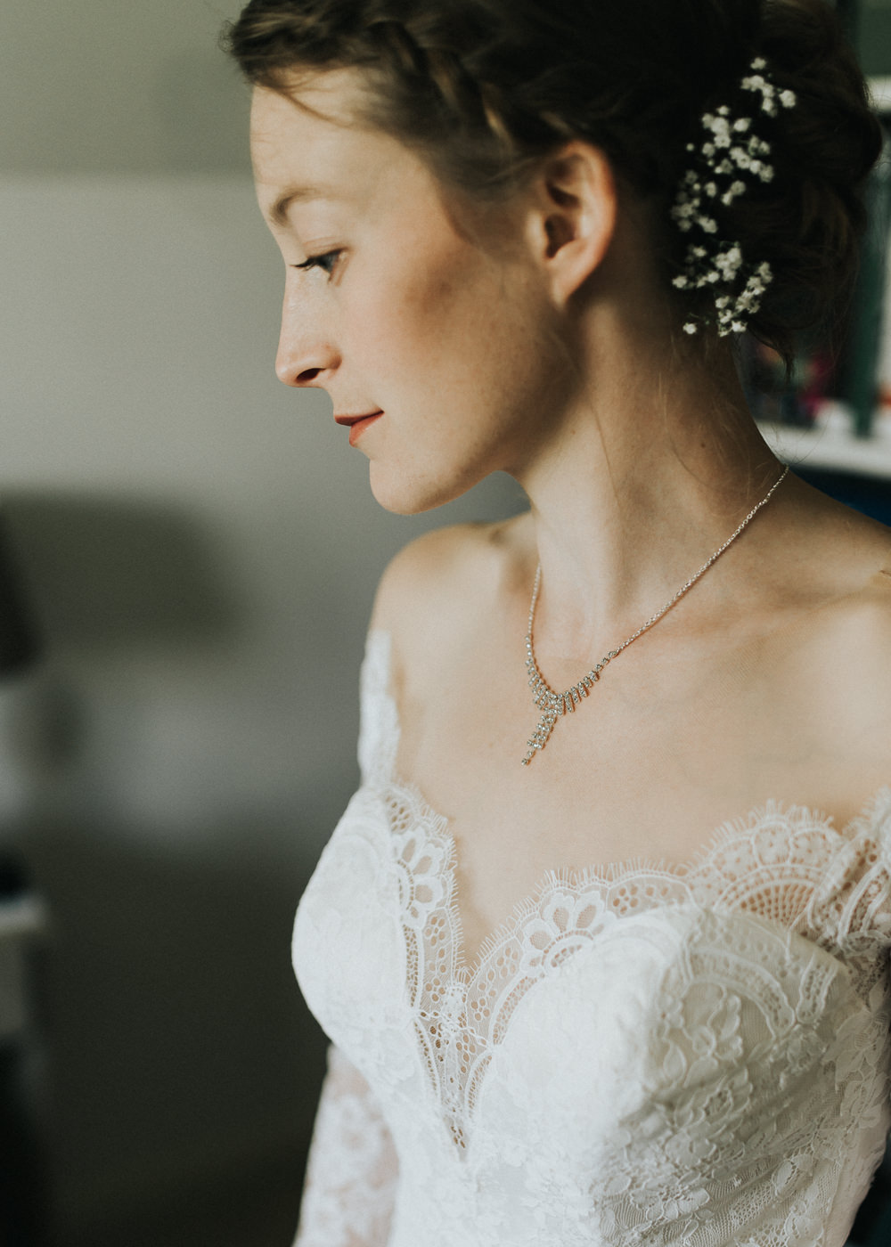 Lace Dress Gown Bride Bridal Sleeves Buttons Illusion Plunge Long Make Up Countryside Wedding Cotswolds Kate Waters Photography