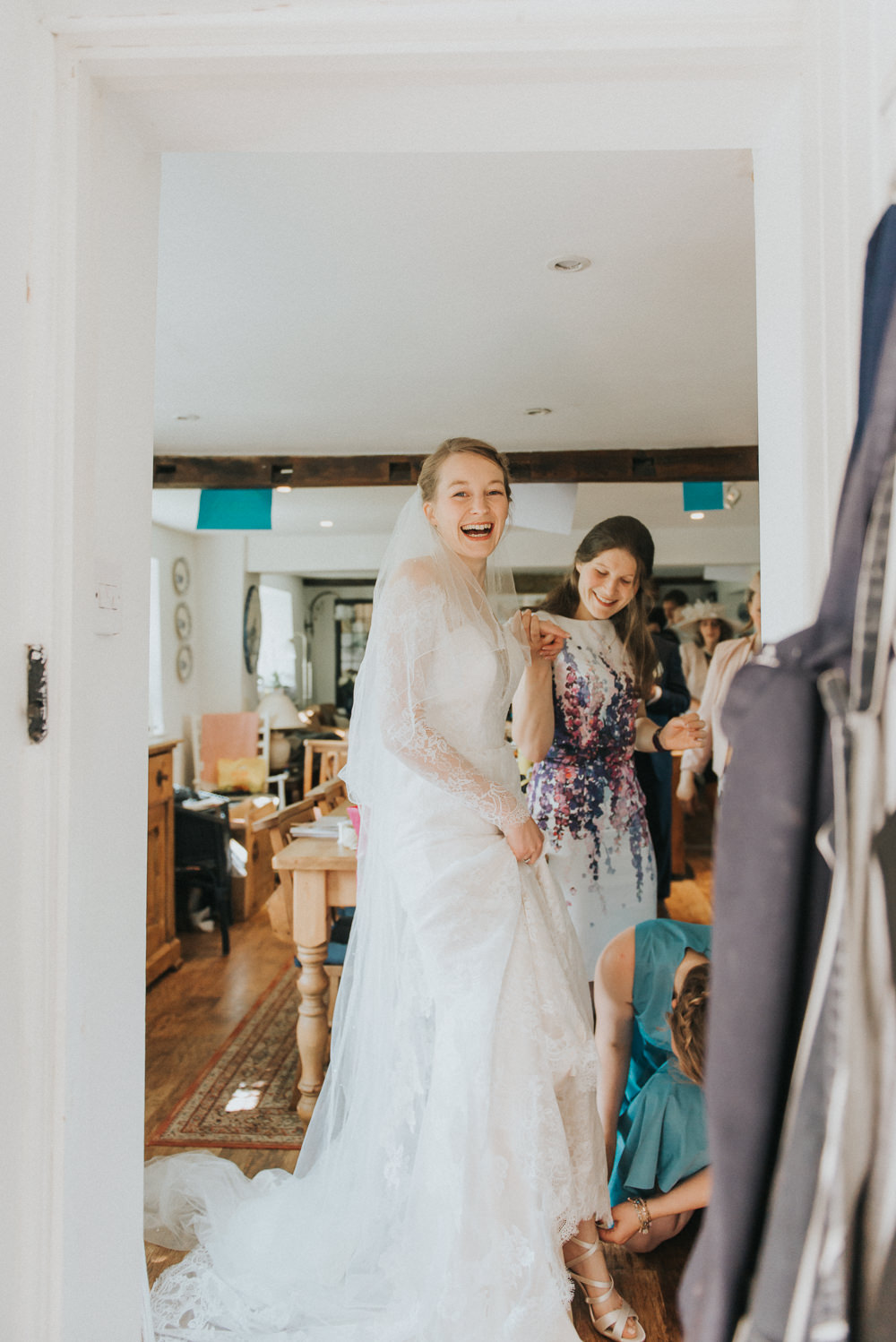 Lace Dress Gown Bride Bridal Sleeves Buttons Illusion Plunge Long Countryside Wedding Cotswolds Kate Waters Photography