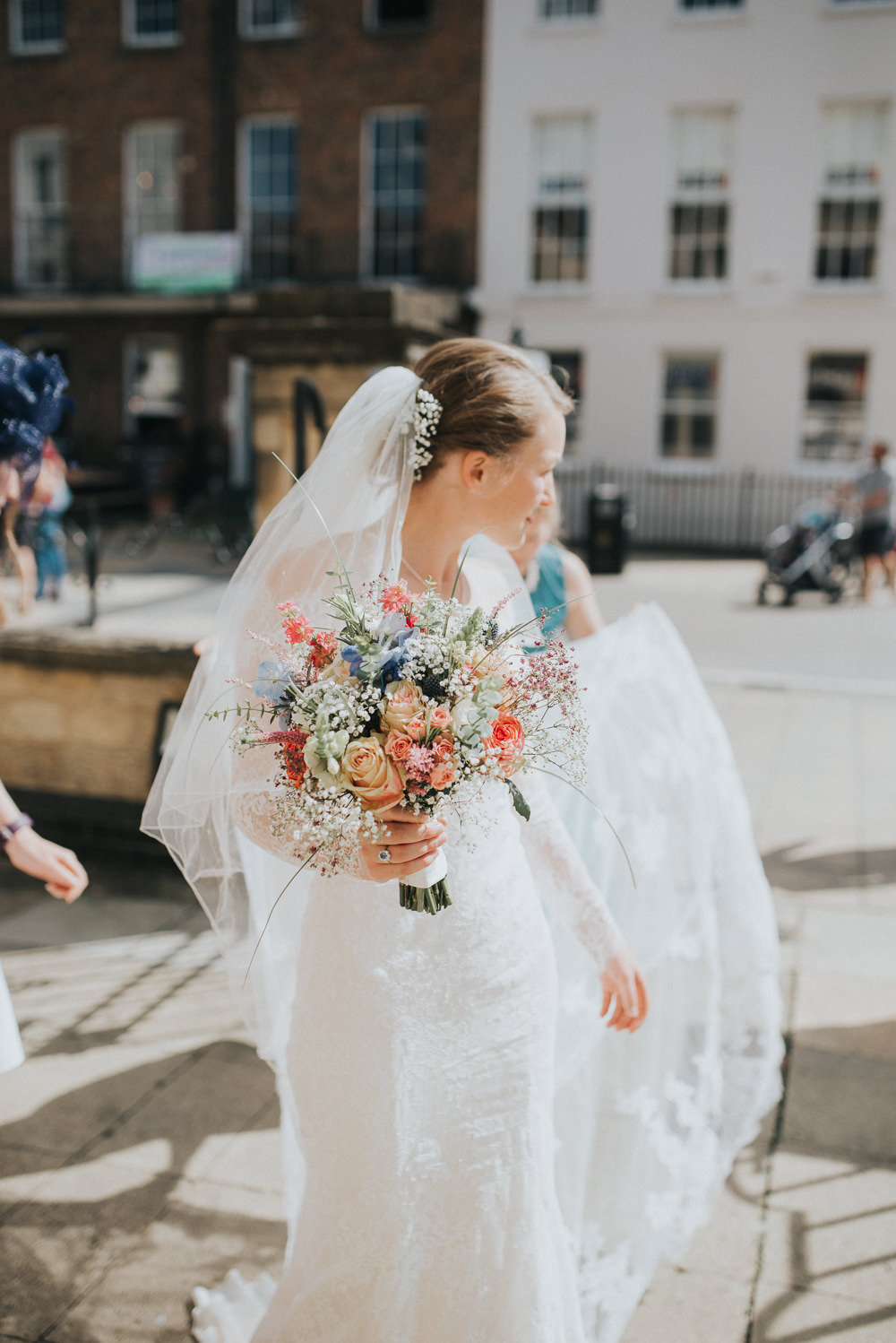 Lace Dress Gown Bride Bridal Sleeves Buttons Illusion Plunge Long Bouquet Flowers Pretty Countryside Wedding Cotswolds Kate Waters Photography