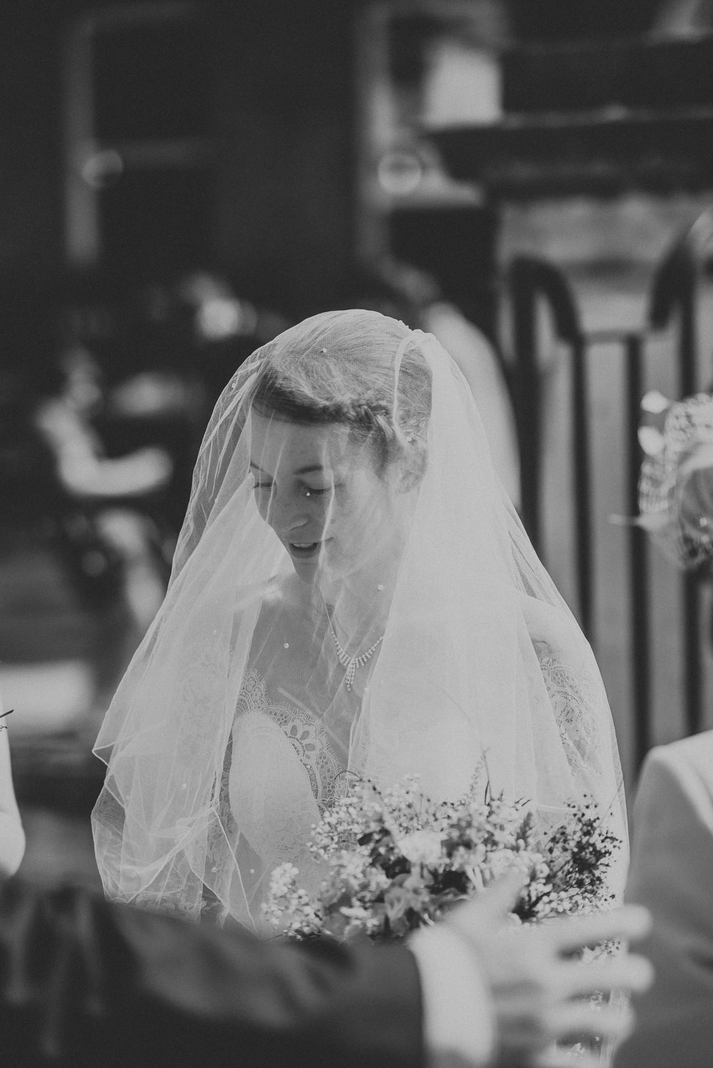 Lace Dress Gown Bride Bridal Sleeves Buttons Illusion Plunge Long Veil Countryside Wedding Cotswolds Kate Waters Photography