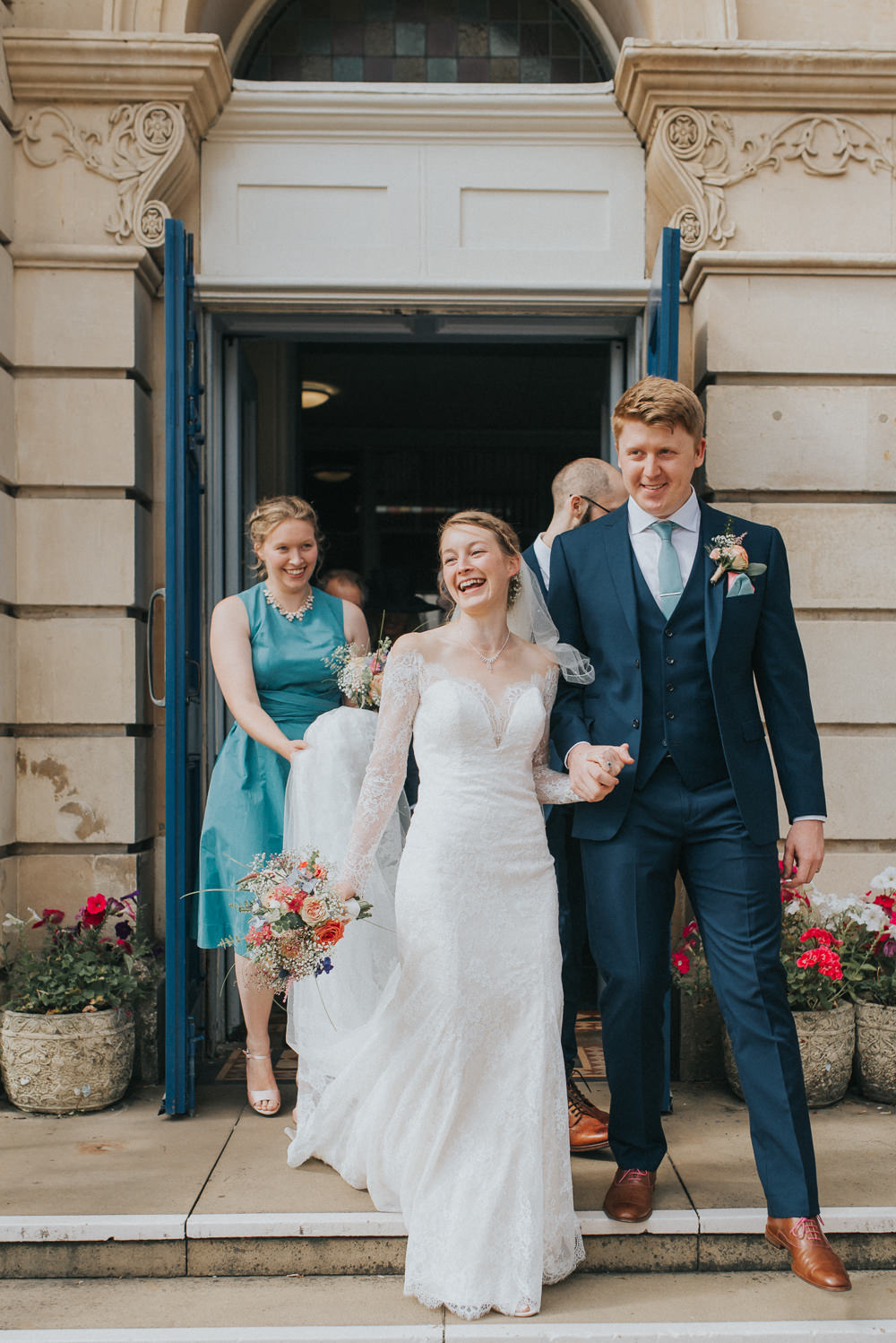 Lace Dress Gown Bride Bridal Sleeves Buttons Illusion Plunge Long Fit Flare Countryside Wedding Cotswolds Kate Waters Photography