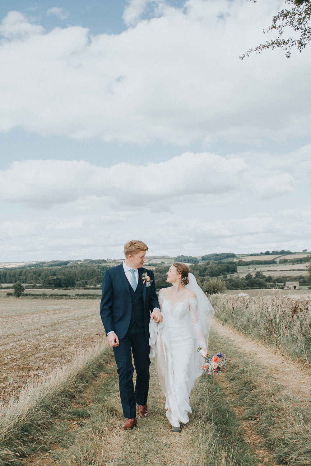 Navy Suit Groom Teal Tie Countryside Wedding Cotswolds Kate Waters Photography