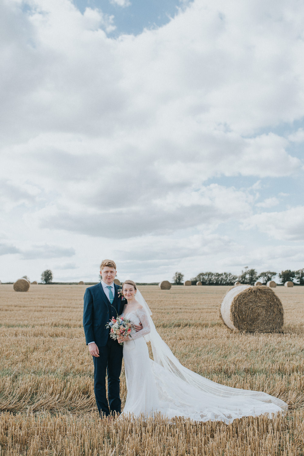 Lace Dress Gown Bride Bridal Sleeves Buttons Illusion Plunge Long Fit Flare Train Veil Countryside Wedding Cotswolds Kate Waters Photography