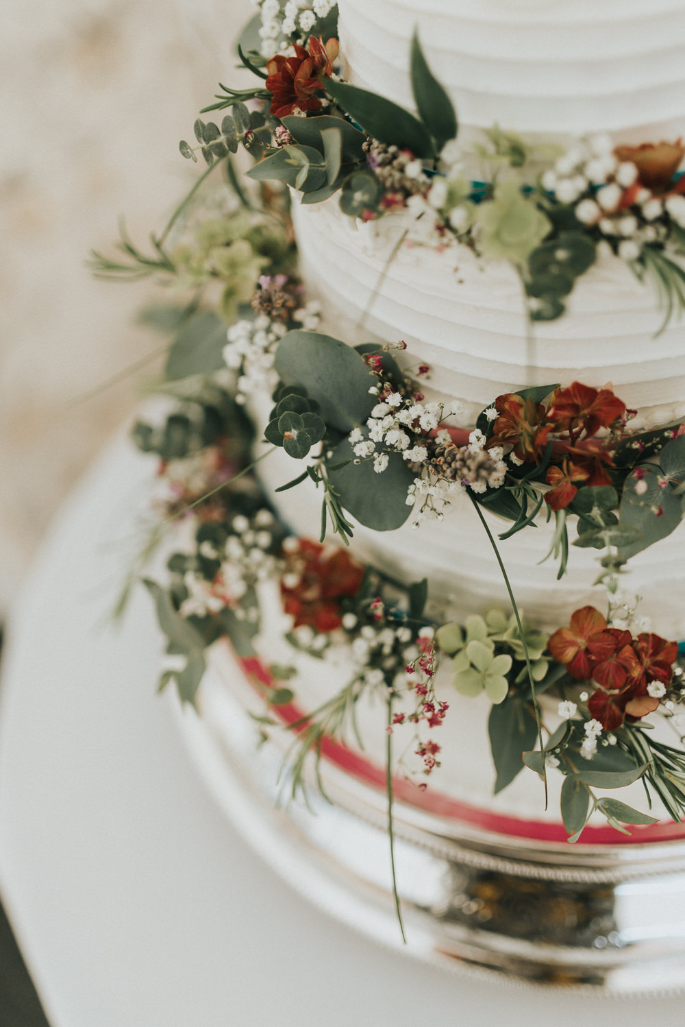 Buttercream Cake Flowers Hydrangeas Red Greenery Countryside Wedding Cotswolds Kate Waters Photography