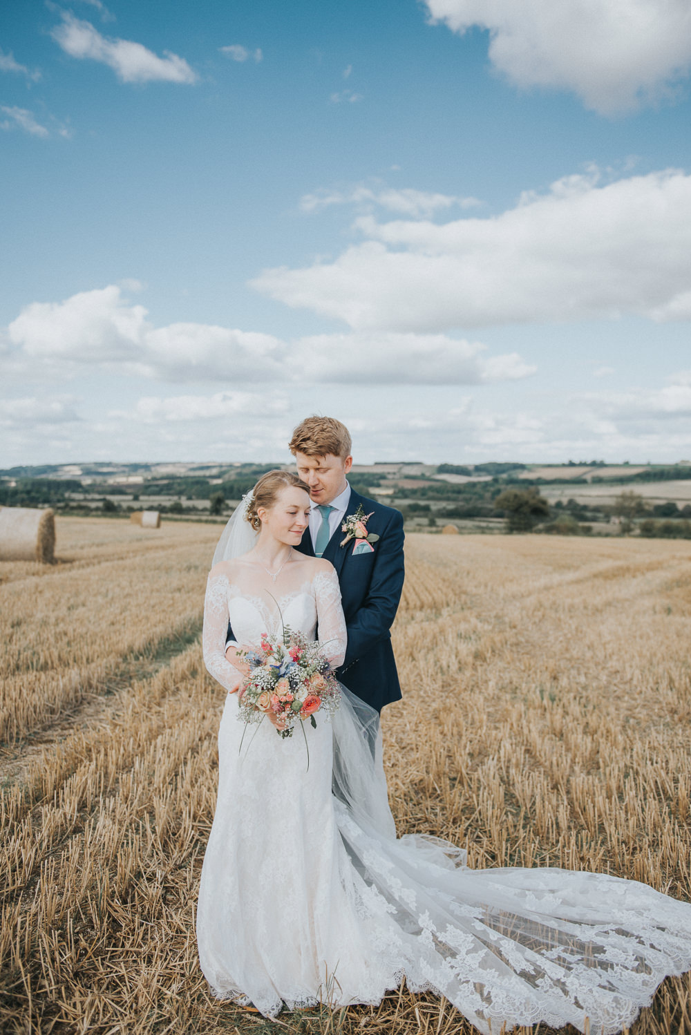 Lace Dress Gown Bride Bridal Sleeves Buttons Illusion Plunge Long Fit Flare Train Veil Countryside Wedding Cotswolds Kate Waters Photography