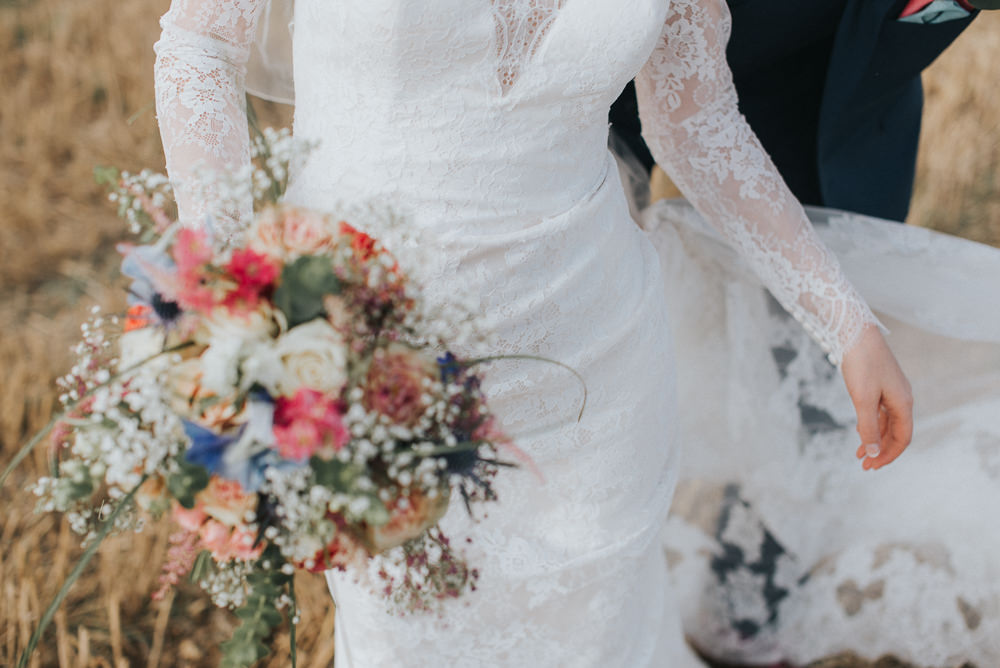 Lace Dress Gown Bride Bridal Sleeves Buttons Illusion Plunge Long Countryside Wedding Cotswolds Kate Waters Photography