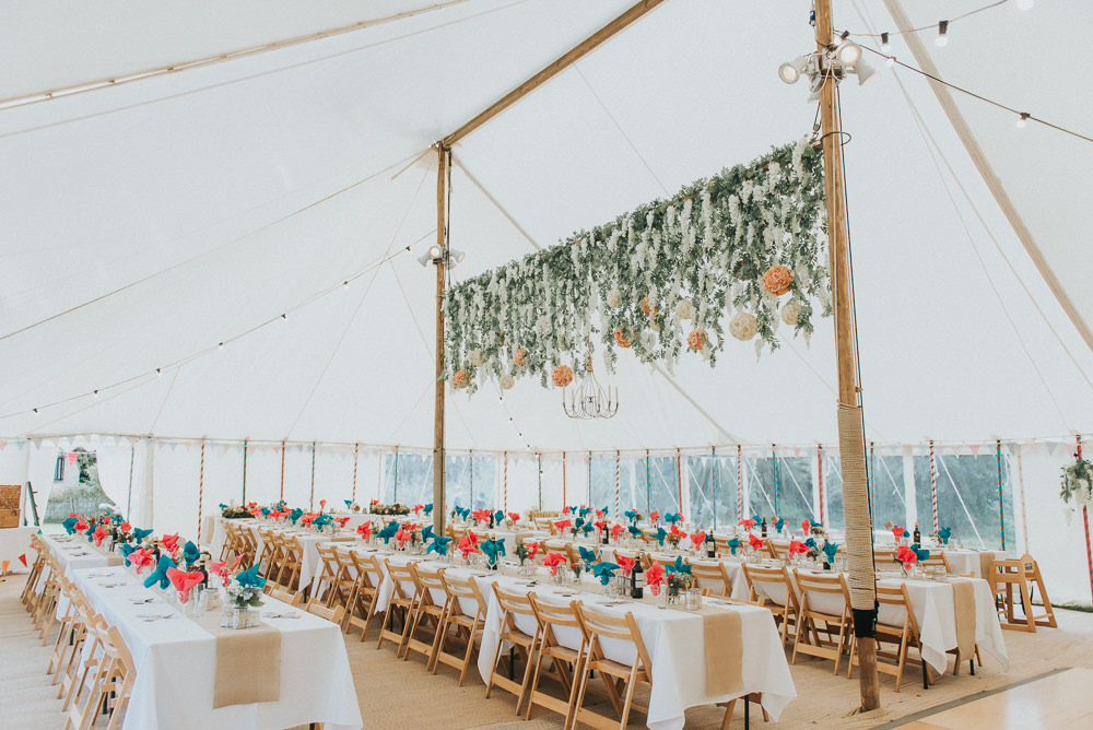 Wooden Pole Tent Marquee Hanging Flower Installation Suspended Festoons Countryside Wedding Cotswolds Kate Waters Photography