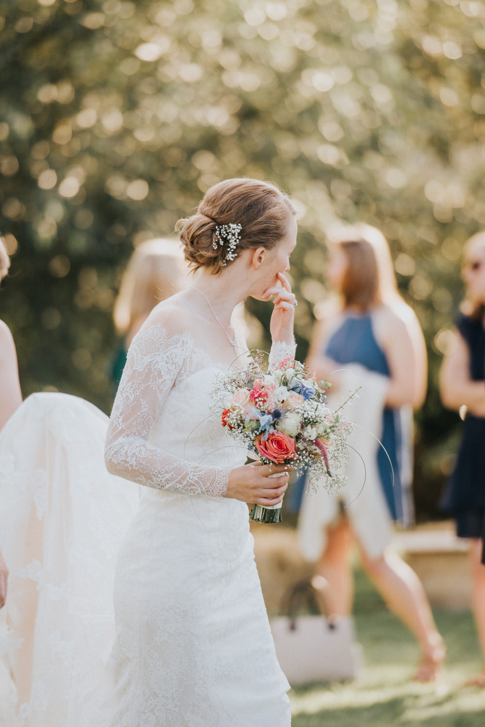 Lace Dress Gown Bride Bridal Sleeves Buttons Illusion Plunge Long Countryside Wedding Cotswolds Kate Waters Photography