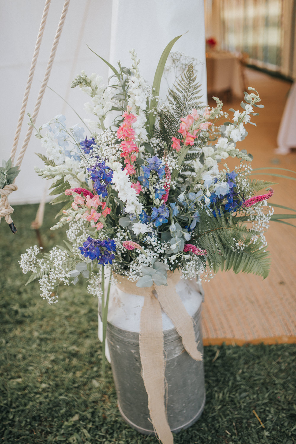 Milk Churn Flowers Summery Gyphophila Pink Blue Grenery Hessian Countryside Wedding Cotswolds Kate Waters Photography