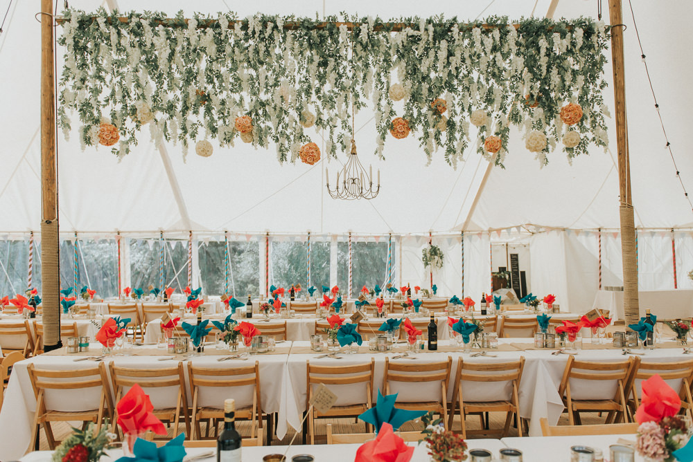 Wooden Pole Tent Marquee Hanging Flower Installation Suspended Festoons Countryside Wedding Cotswolds Kate Waters Photography