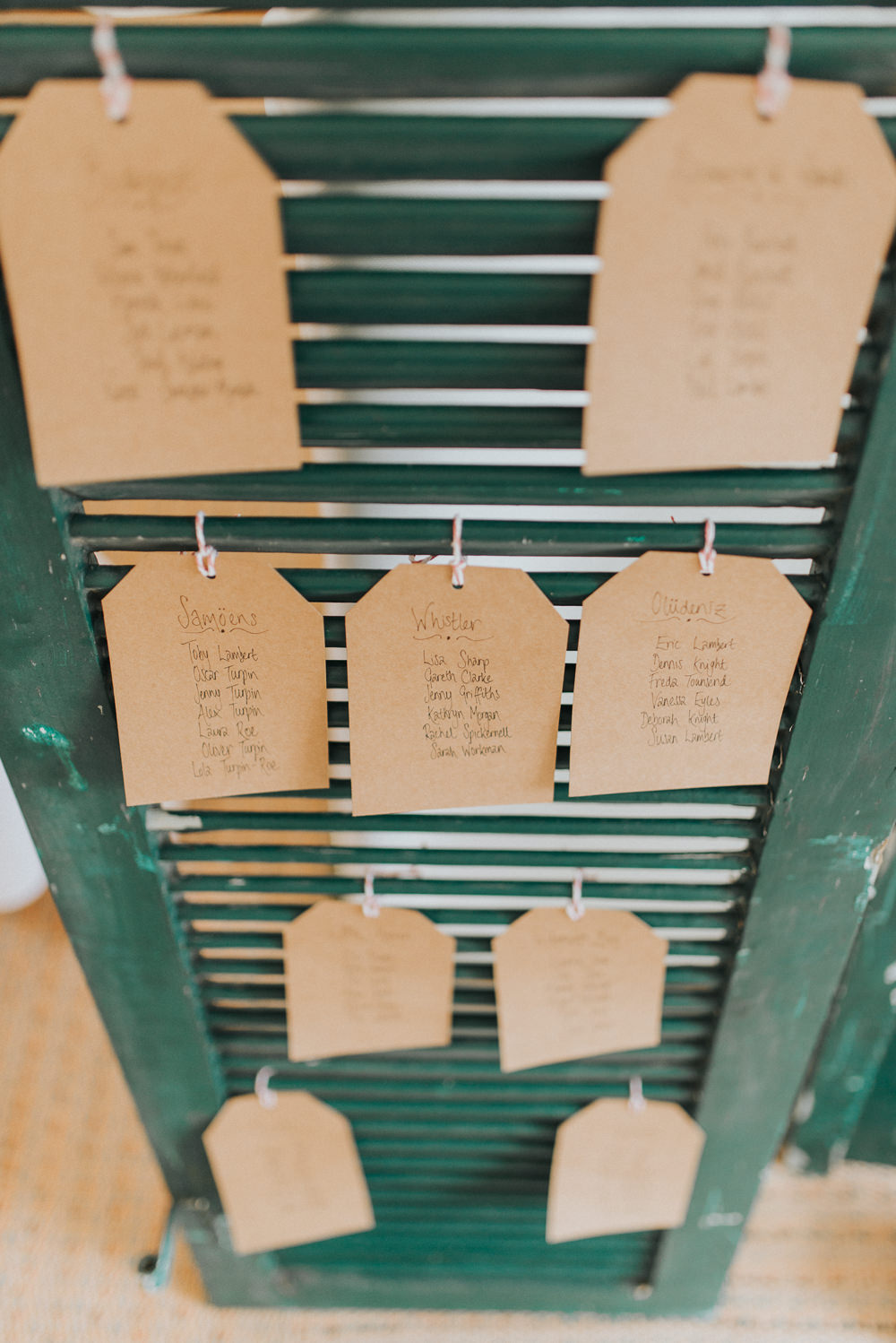 Wooden Shutter Luggage Tag Seating Plan Table Chart Countryside Wedding Cotswolds Kate Waters Photography