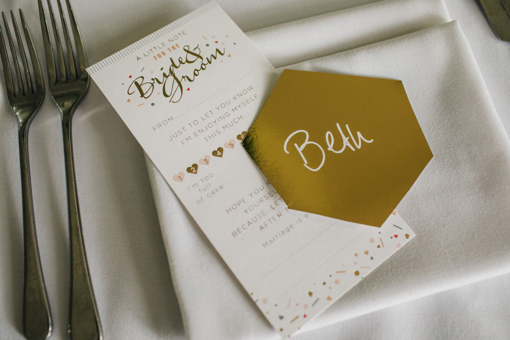 Gold Stationery Menu Place Name Deer Park Country House Hotel Wedding Richard Skins Photography