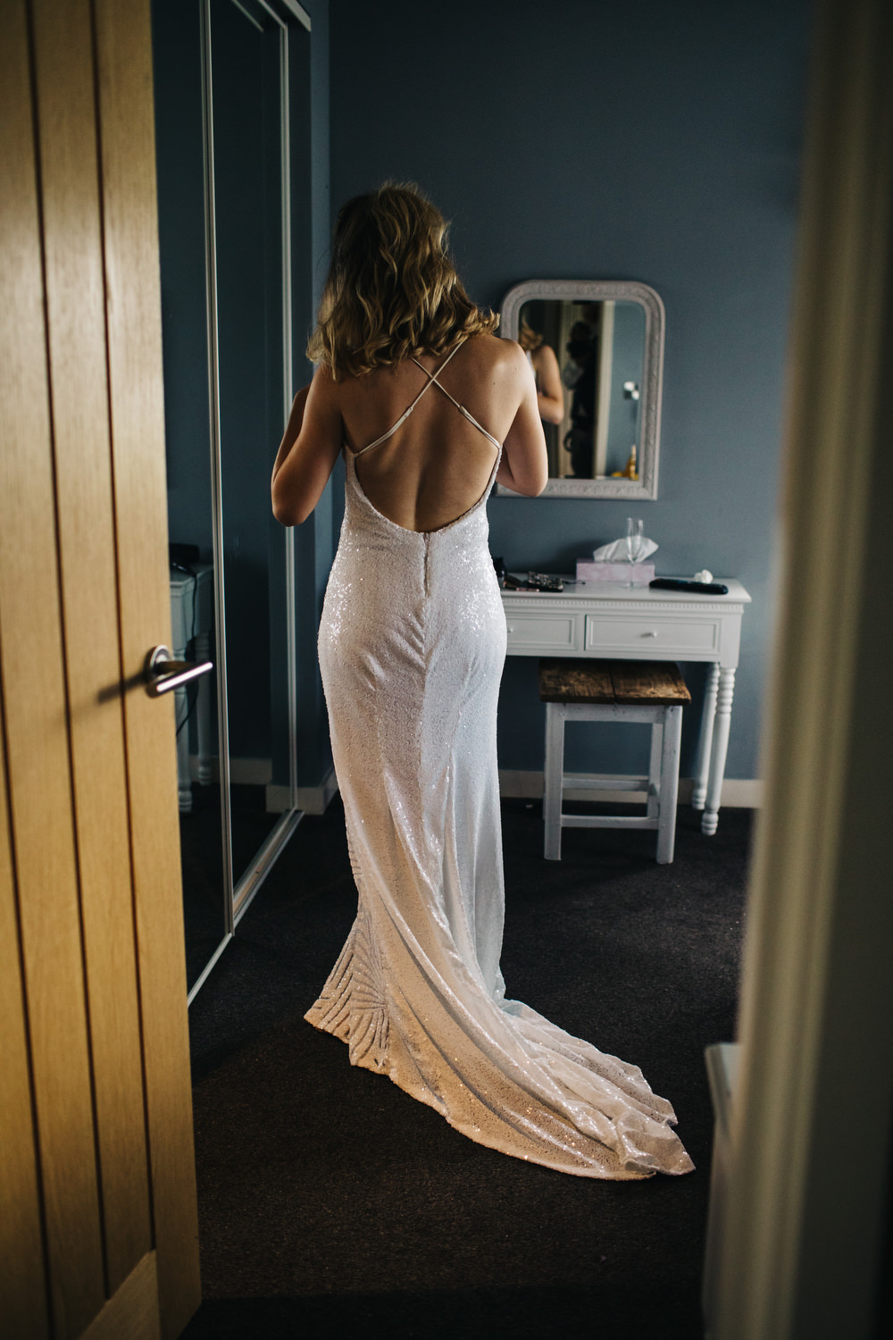Sequin Dress Bride Bridal Gown Spaghetti Straps Spilt Skirt Train Deer Park Country House Hotel Wedding Richard Skins Photography