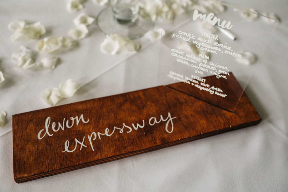 Rustic Wooden Sign Calligraphy Perspex Acrylic Menu Sign Deer Park Country House Hotel Wedding Richard Skins Photography