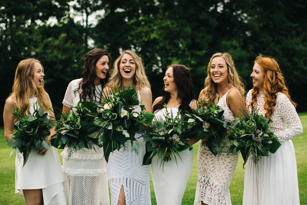 White Mismatched Bridesmaid Dresses Tropical Bouquets Palm Leaves Deer Park Country House Hotel Wedding Richard Skins Photography