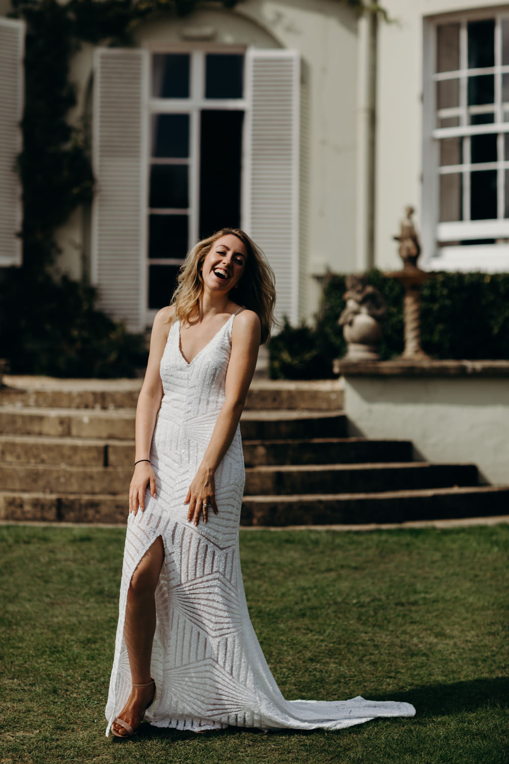 Sequin Dress Bride Bridal Gown Spaghetti Straps Spilt Skirt Deer Park Country House Hotel Wedding Richard Skins Photography