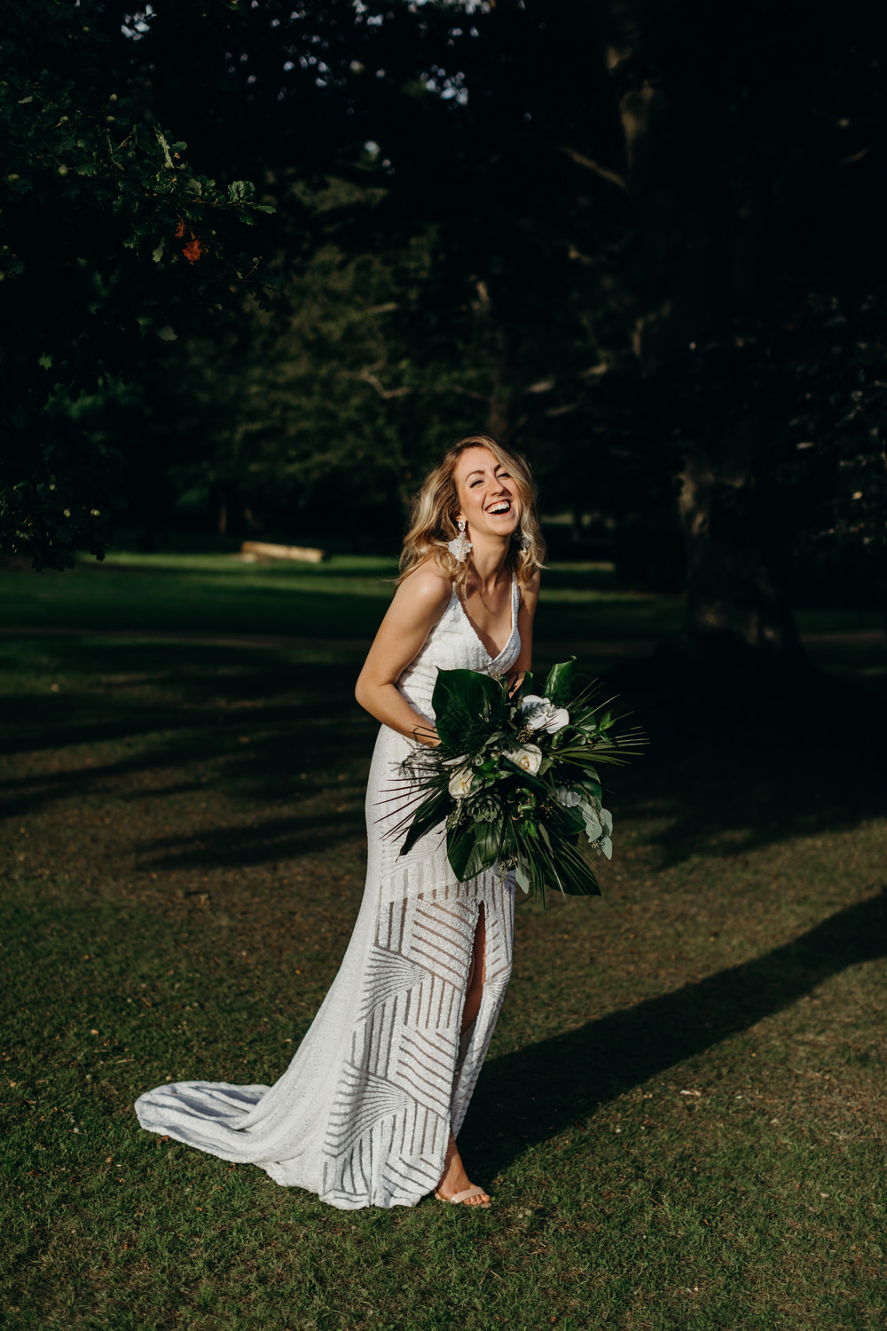 Sequin Dress Bride Bridal Gown Spaghetti Straps Spilt Skirt Tropical Bouquet Flowers Palm Leaves Deer Park Country House Hotel Wedding Richard Skins Photography