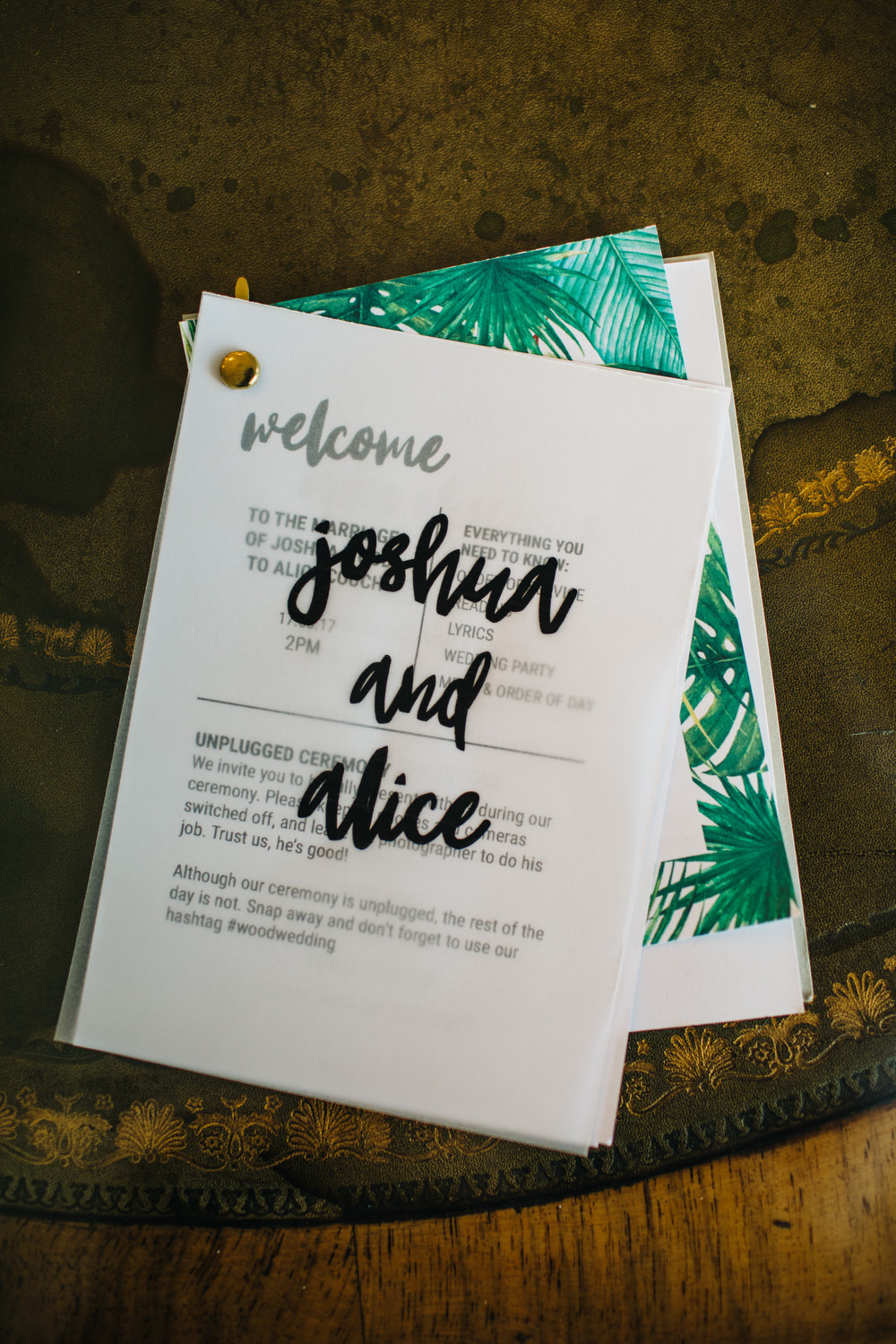 Tropical Palm Leaf Glassine Stationery Calligraphy Invite Invitation Deer Park Country House Hotel Wedding Richard Skins Photography