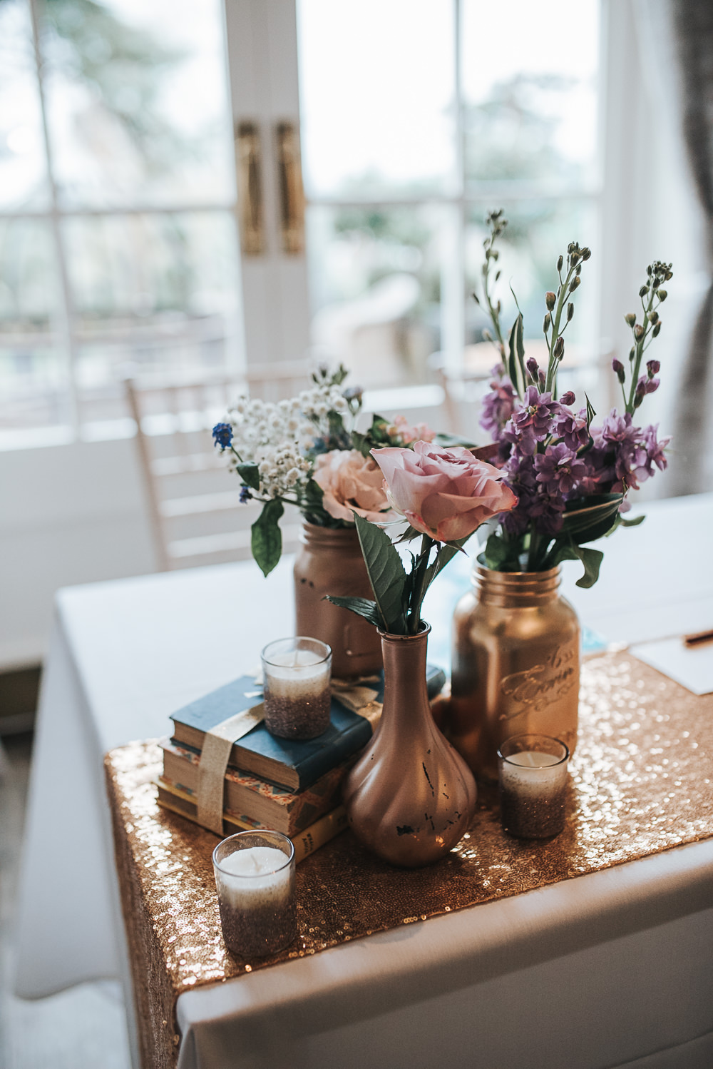 Gold Copper Spray Painted Bottles Jars Sequins Flowers Folly Farmhouse Mackworth Wedding Pear&Bear Photography