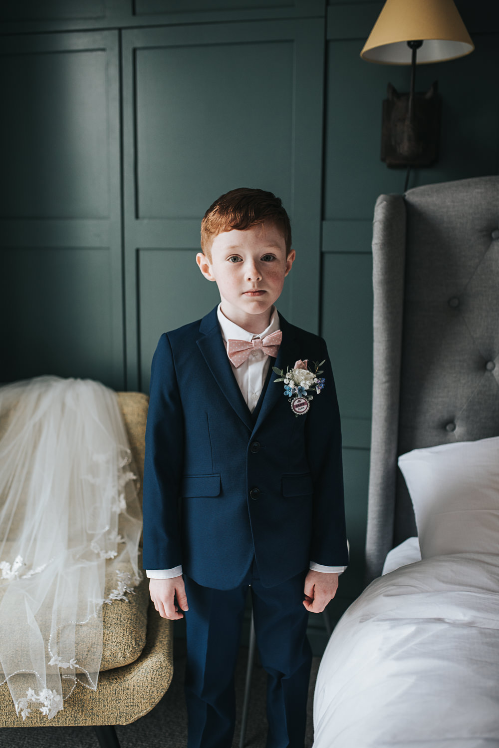 Page Boy Suit Bow Tie Up Buttonhole Folly Farmhouse Mackworth Wedding Pear&Bear Photography