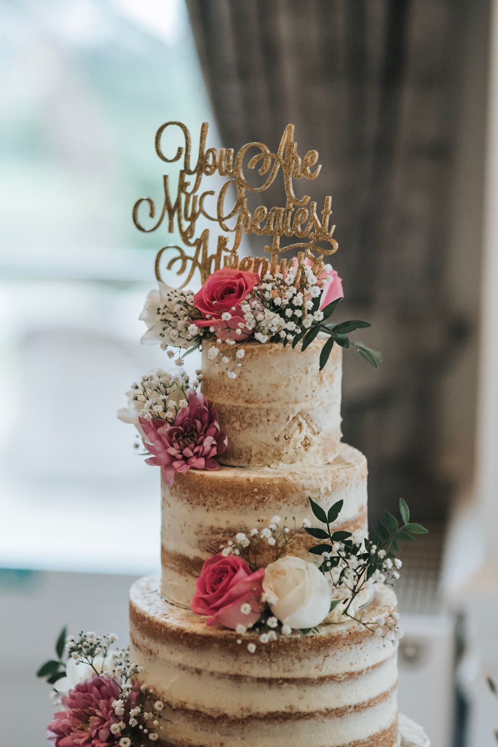 Naked Cake Tall Buttercream Semi Flowers Glitter Gold Quote Topper Folly Farmhouse Mackworth Wedding Pear&Bear Photography