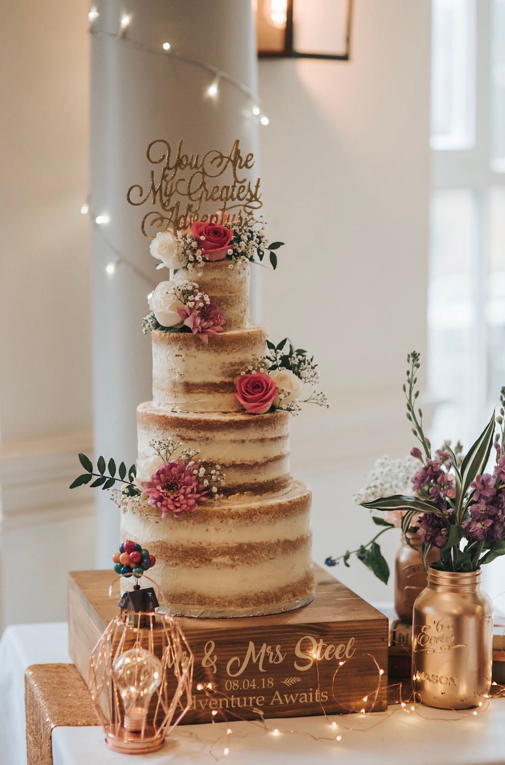 Naked Cake Tall Buttercream Semi Flowers Glitter Gold Quote Topper Folly Farmhouse Mackworth Wedding Pear&Bear Photography