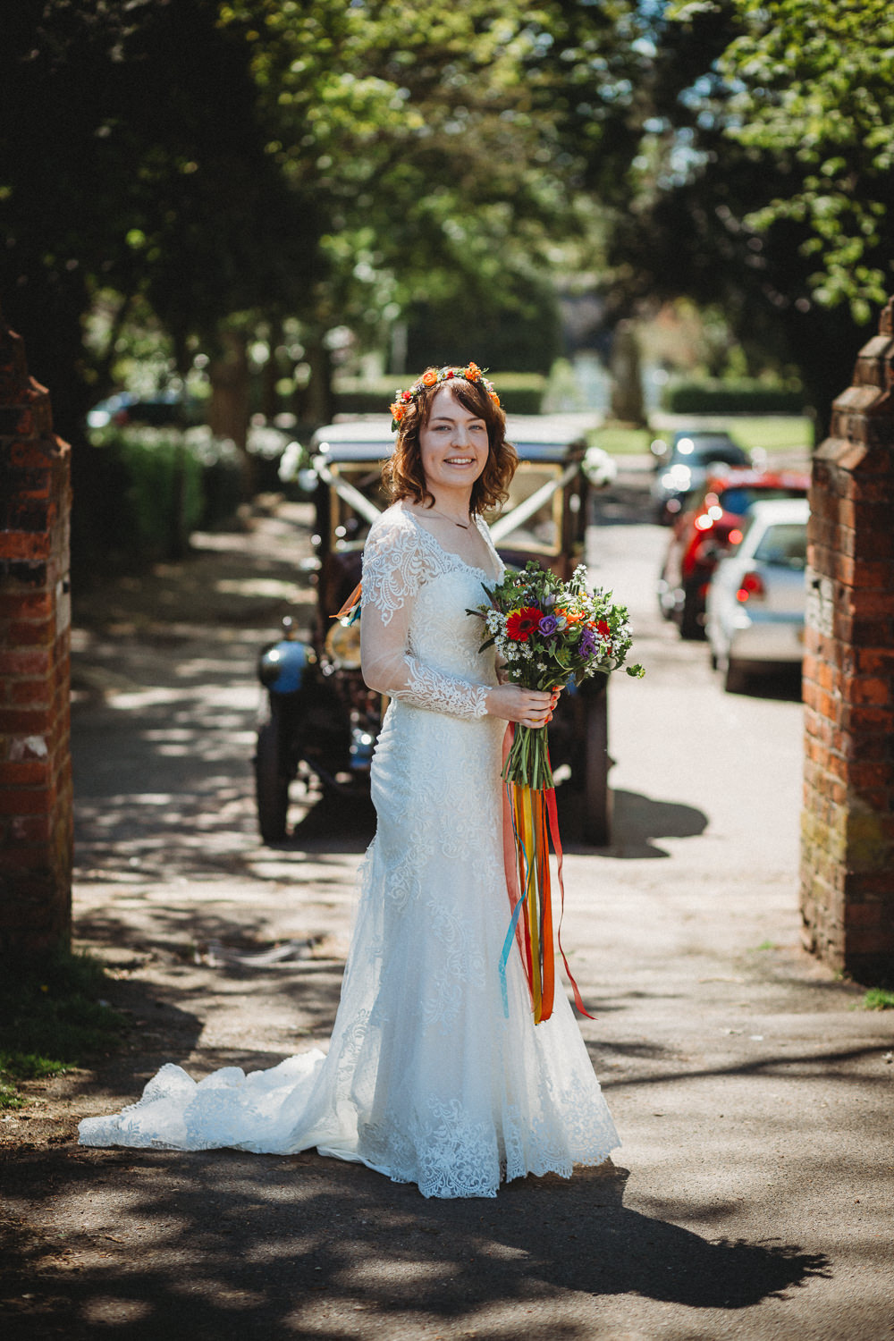 Bouquet Flowers Rainbow Colourful Gerbera Daisy Gypsophila Freesia Bride Bridal Ribbon Furtho Manor Farm Wedding Ben Cotterill Photography