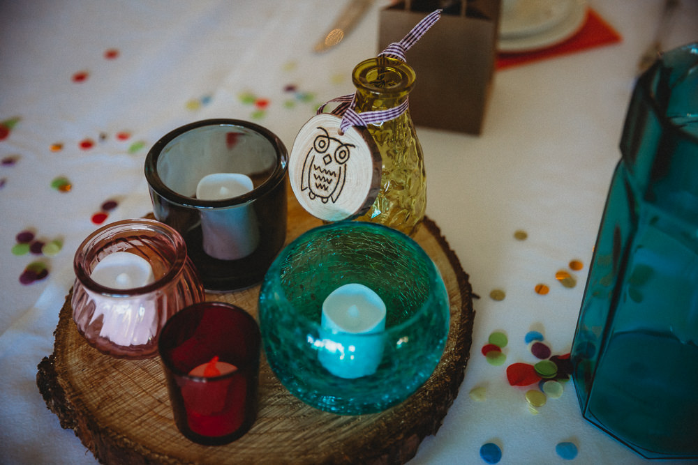 Colour Glass Tea Lights Furtho Manor Farm Wedding Ben Cotterill Photography