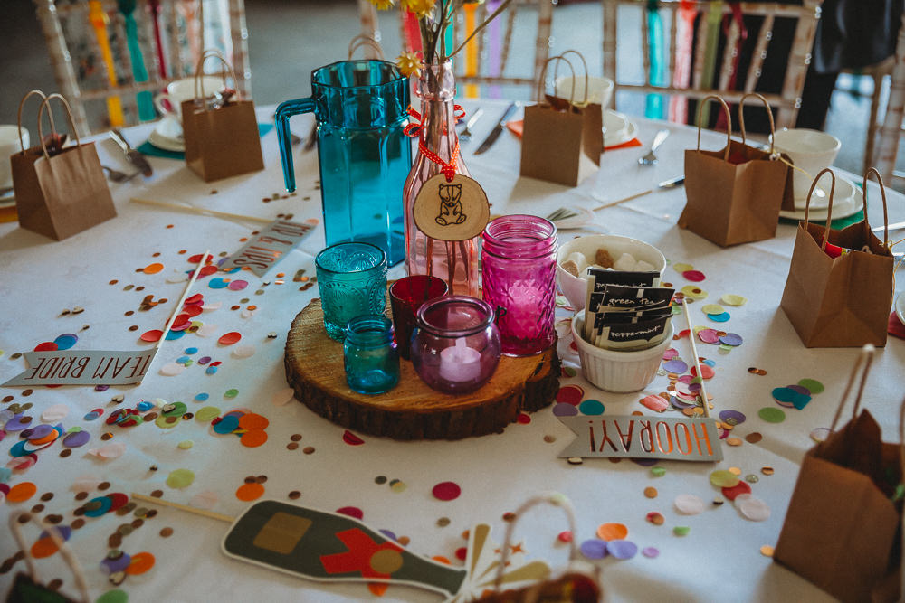 Colour Glass Jars Candles Centrepiece Log Furtho Manor Farm Wedding Ben Cotterill Photography