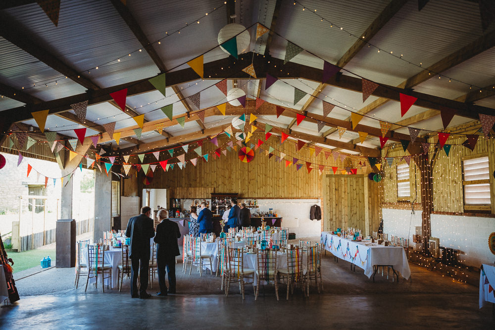 Rainbow Colourful Barn Bunting Ribbons Furtho Manor Farm Wedding Ben Cotterill Photography