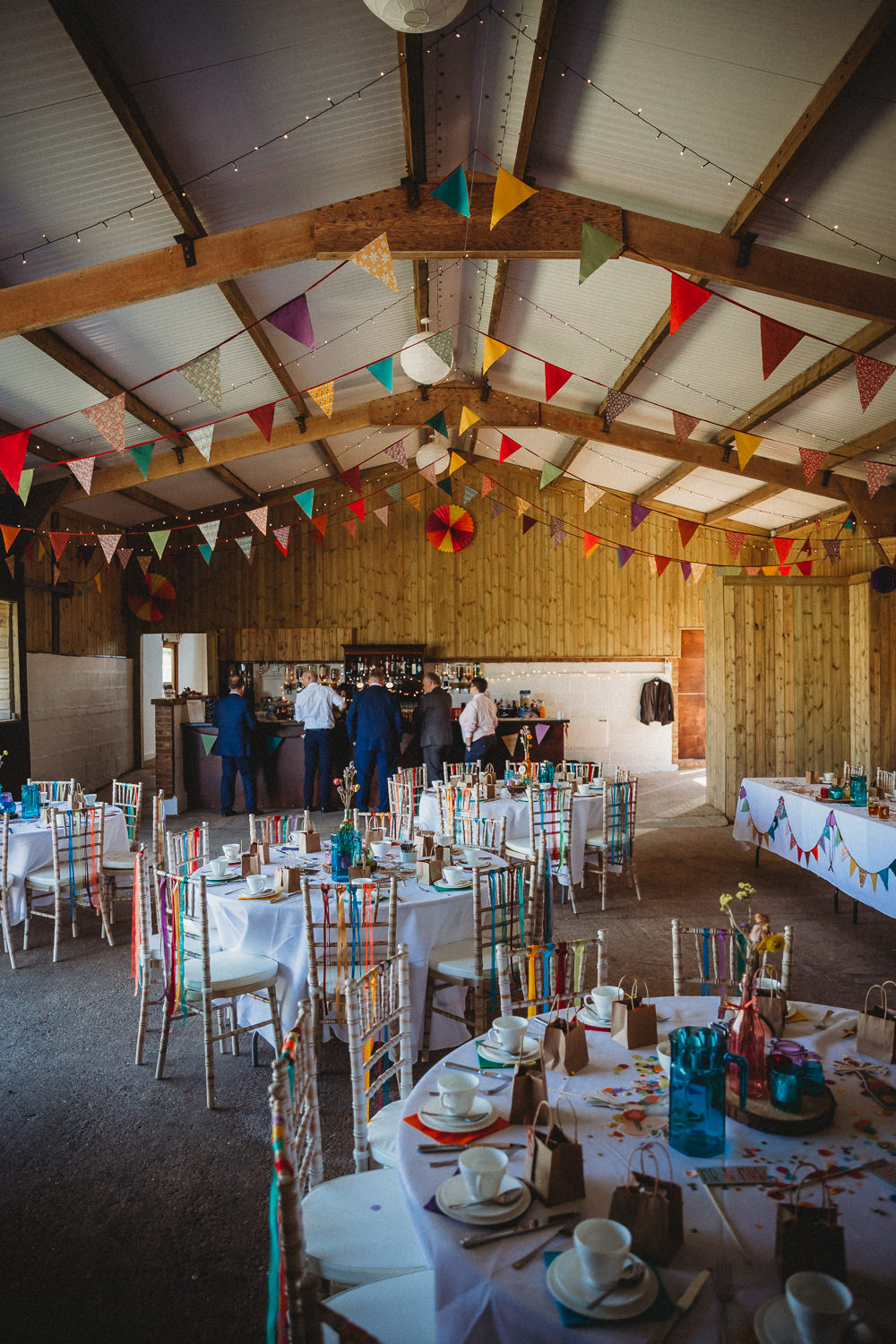 Rainbow Colourful Barn Bunting Ribbons Furtho Manor Farm Wedding Ben Cotterill Photography