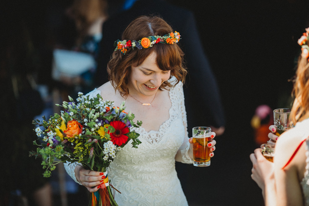 Bouquet Flowers Rainbow Colourful Gerbera Daisy Gypsophila Freesia Bride Bridal Ribbon Crown Furtho Manor Farm Wedding Ben Cotterill Photography