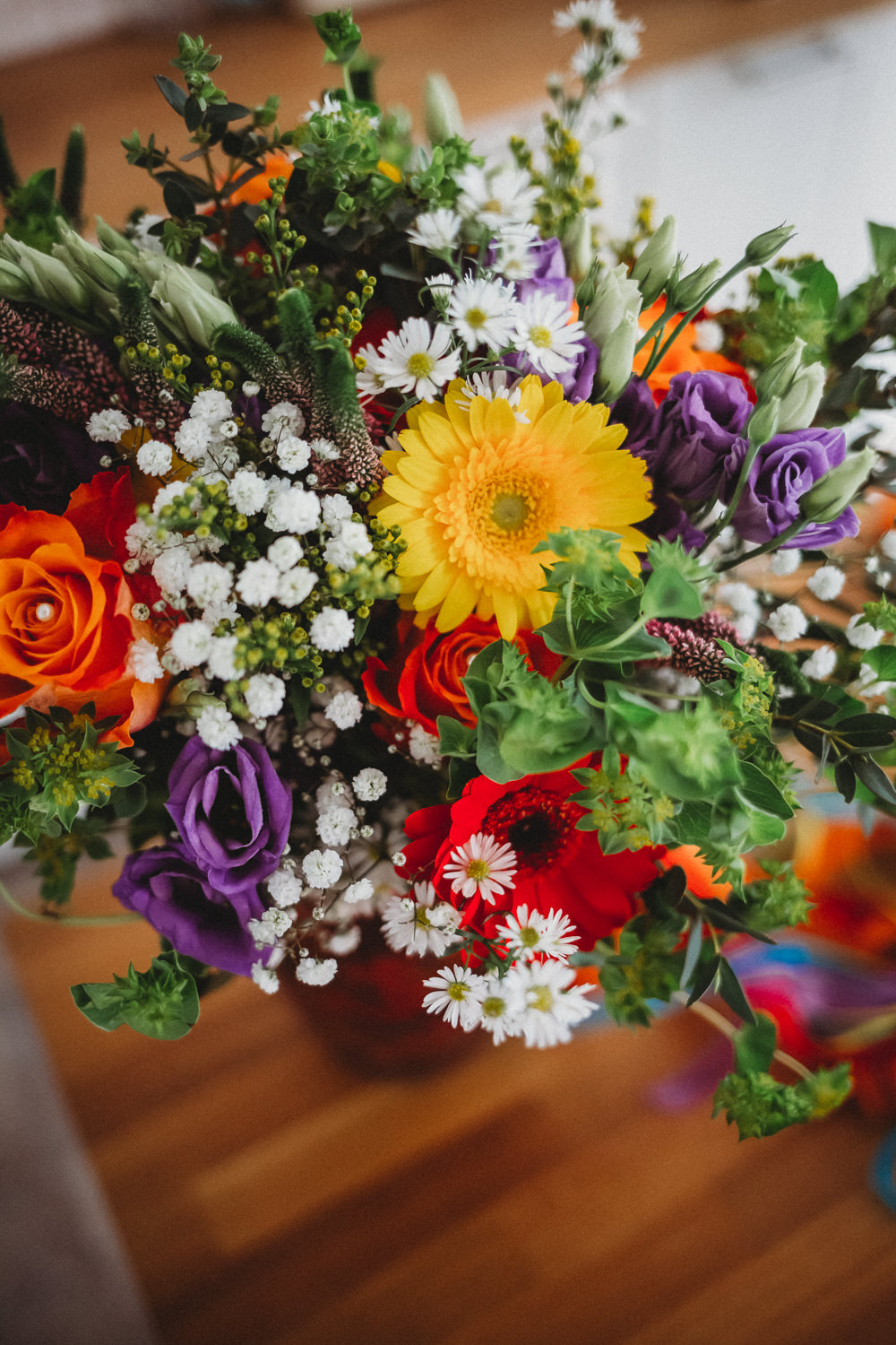 Bouquet Flowers Rainbow Colourful Gerbera Daisy Gypsophila Freesia Bride Bridal Ribbon Furtho Manor Farm Wedding Ben Cotterill Photography