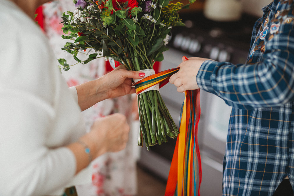 Bouquet Flowers Rainbow Colourful Gerbera Daisy Gypsophila Freesia Bride Bridal Ribbon Furtho Manor Farm Wedding Ben Cotterill Photography