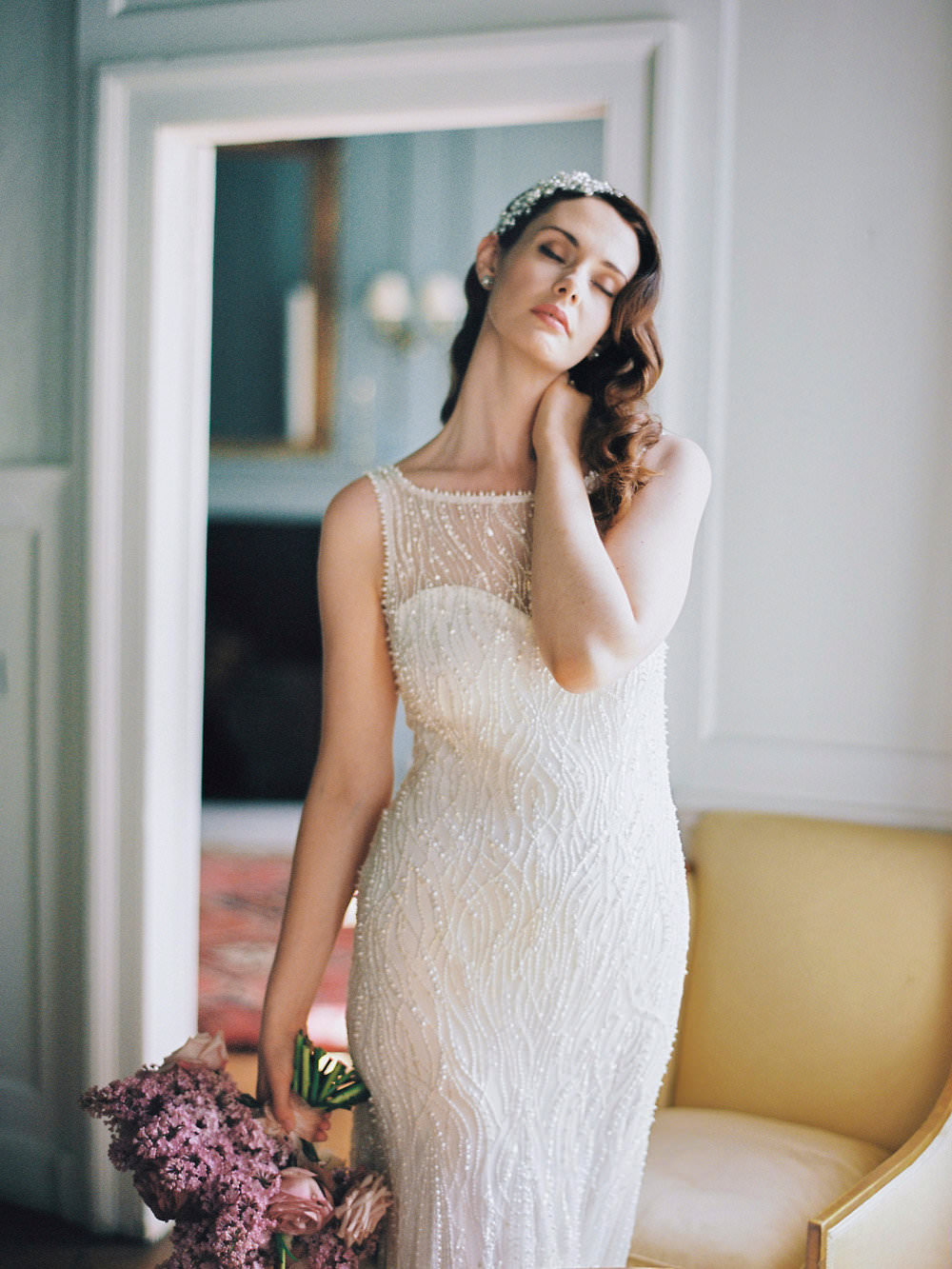 Bride Bridal Dress Gown Beaded 1930s Hairpiece Pink Bouquet Glamorous Vintage Eggington House Wedding Ideas David Jenkins Photography