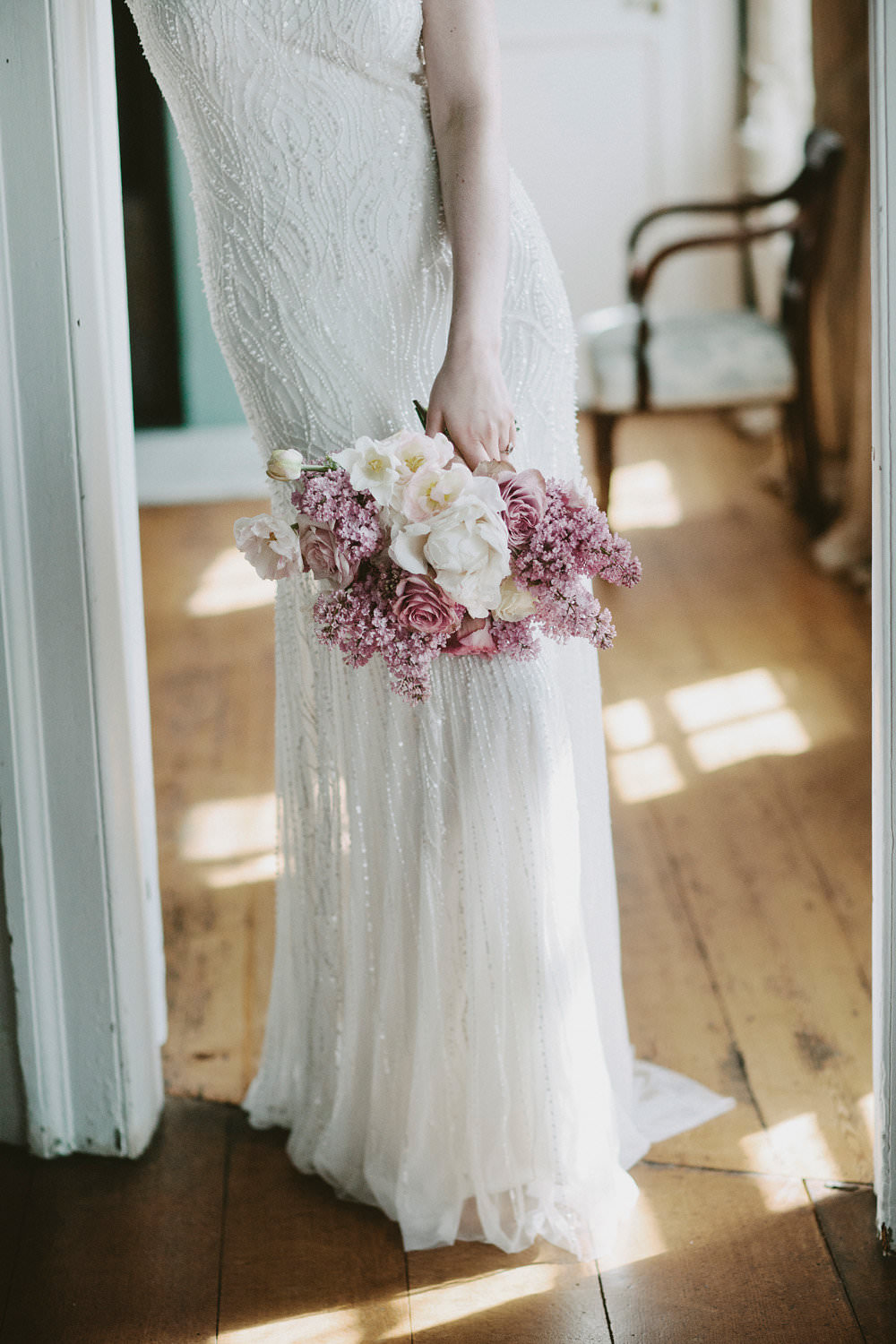 Bride Bridal Beaded Dress Gown Pearl Bouquet Pink White Blousy Flowers Floral Glamorous Vintage Eggington House Wedding Ideas David Jenkins Photography