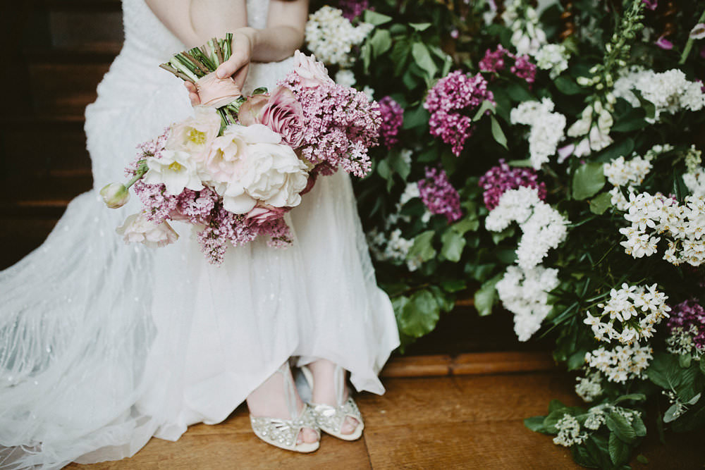 Bride Bridal Beaded Dress Gown Pearl Hairpiece Bouquet Pink White Blousy Flowers Floral T Bar Shoes Glamorous Vintage Eggington House Wedding Ideas David Jenkins Photography