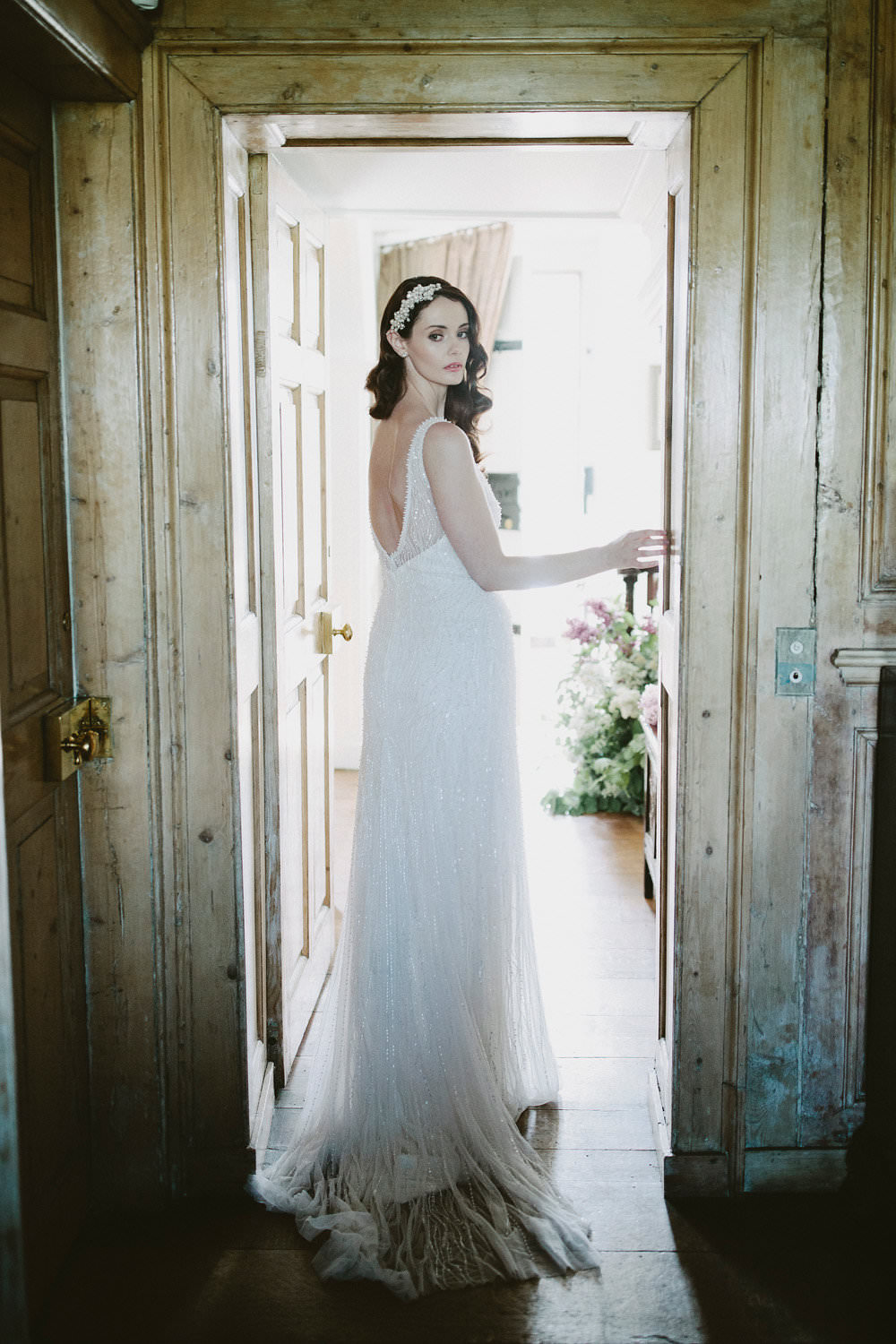 Bride Bridal Beaded Dress Gown Pearl Hairpiece Pink White Blousy Flowers Floral Glamorous Vintage Eggington House Wedding Ideas David Jenkins Photography