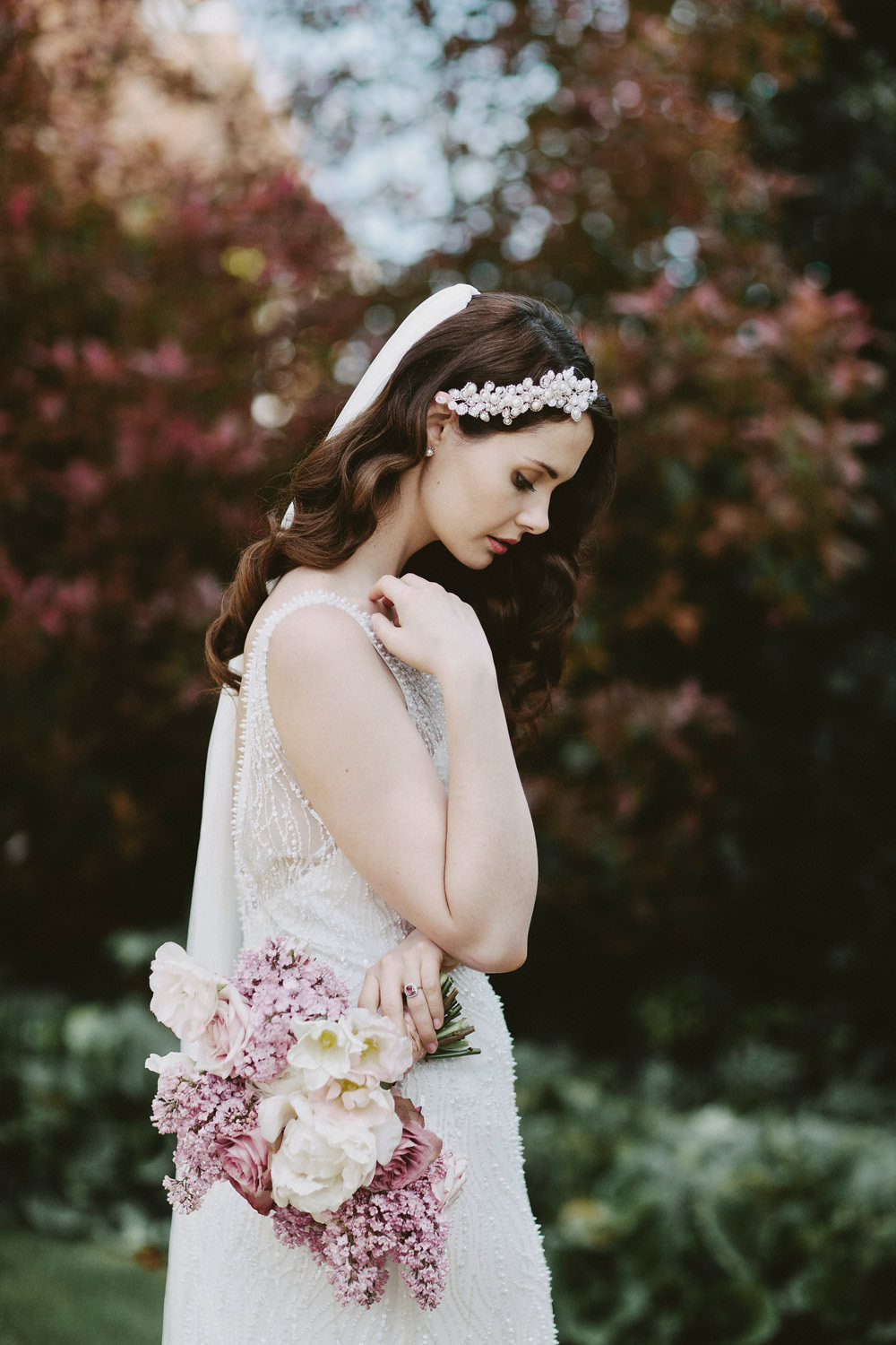 Bride Bridal Beaded Dress Gown Pearl Hairpiece Bouquet Pink White Blousy Flowers Floral Veil Glamorous Vintage Eggington House Wedding Ideas David Jenkins Photography