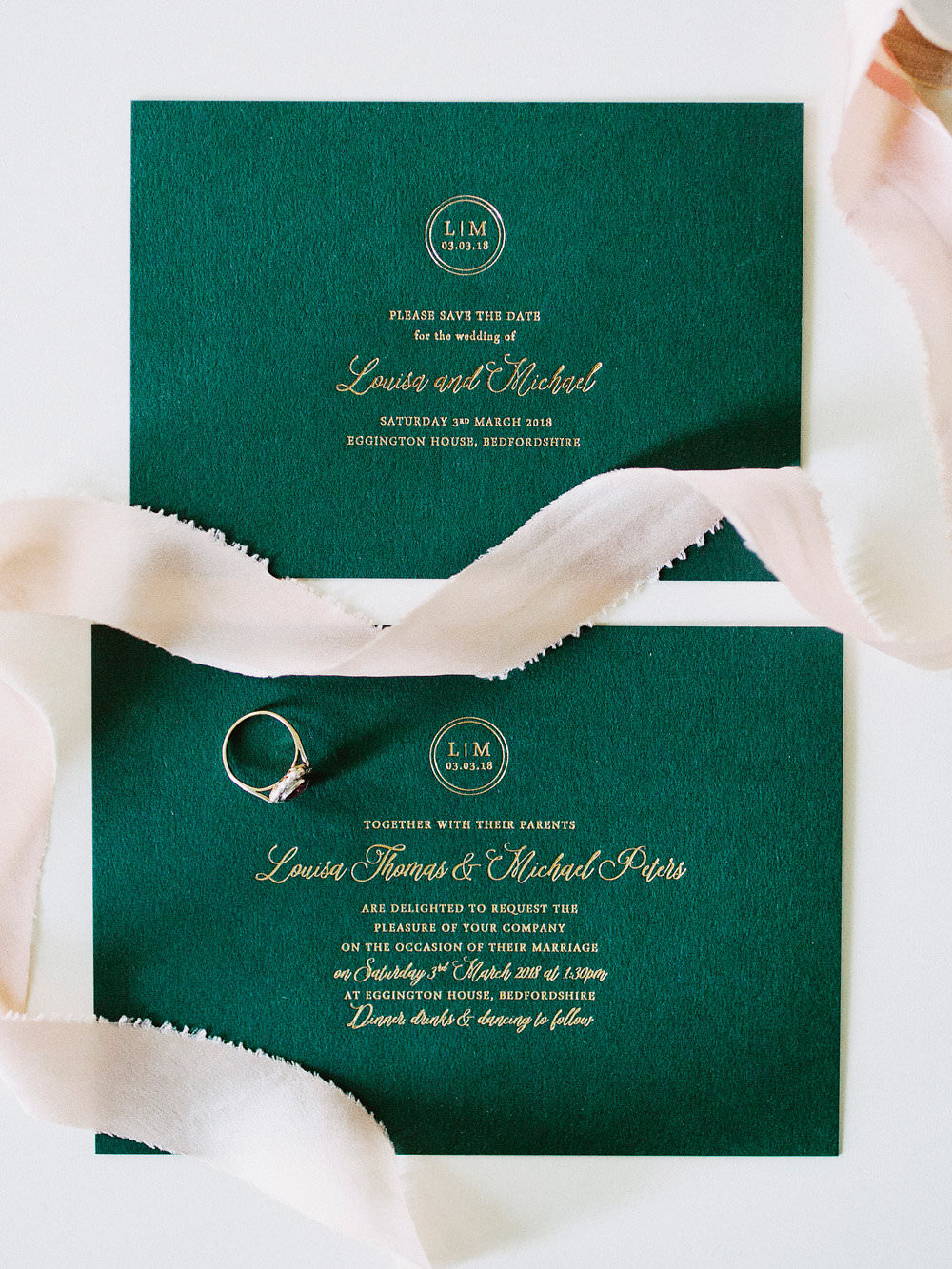 Classic Stationery Invitation Green Embossed Silk Ribbon Ring Glamorous Vintage Eggington House Wedding Ideas David Jenkins Photography