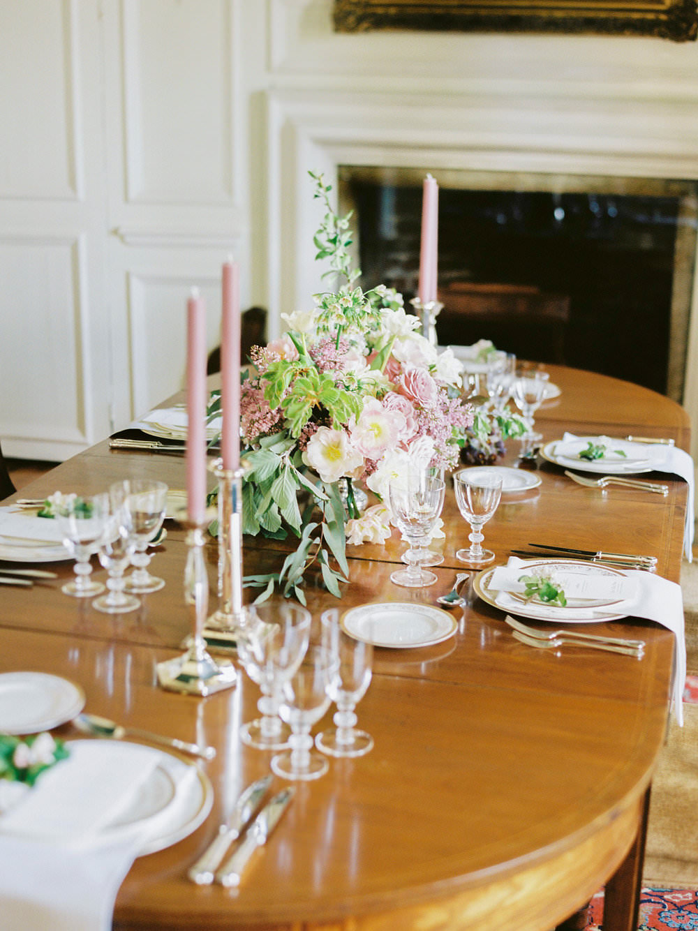 Table Setting 1930s Tableware Glasses Candlesticks Pink Flowers Floral Glamorous Vintage Eggington House Wedding Ideas David Jenkins Photography