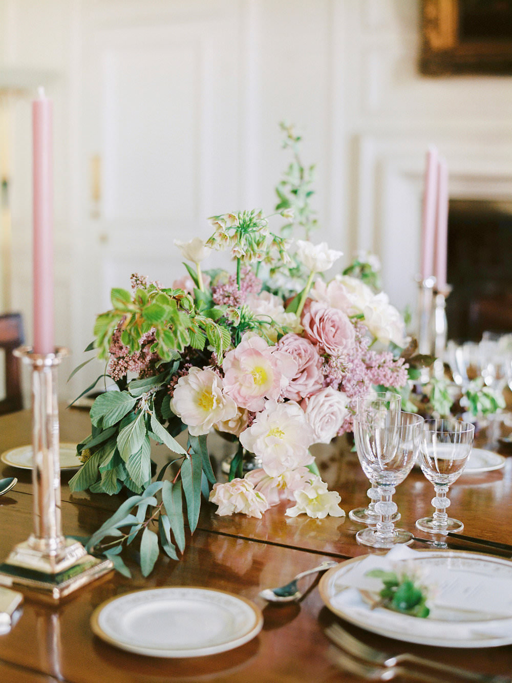 Table Setting 1930s Tableware Glasses Candlesticks Pink Flowers Floral Glamorous Vintage Eggington House Wedding Ideas David Jenkins Photography