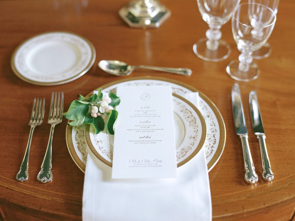 Classic Stationery Menu Embossed 1930s Tableware Gilt Crockery Glamorous Vintage Eggington House Wedding Ideas David Jenkins Photography