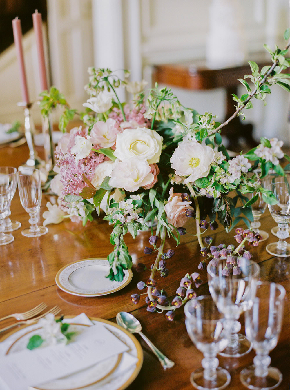 Table Setting 1930s Tableware Glasses Candlesticks Pink Flowers Floral Glamorous Vintage Eggington House Wedding Ideas David Jenkins Photography
