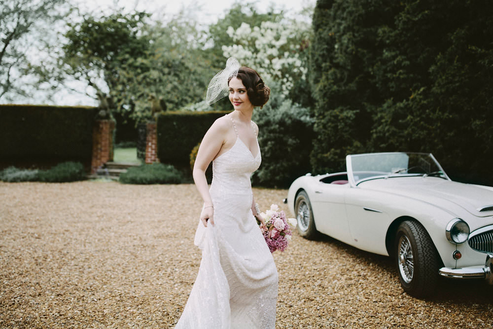 Bride Bridal Beaded Dress Gown Birdcage Veil Hairpiece Vintage Car Glamorous Vintage Eggington House Wedding Ideas David Jenkins Photography