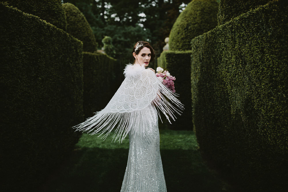 Bride Bridal Beaded Tassel Dress Gown Hairpiece Cape Pink Bouquet Glamorous Vintage Eggington House Wedding Ideas David Jenkins Photography